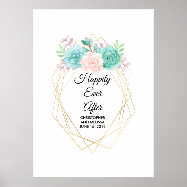 Poster Aquarelle rose et vert moderne Mariage Succulent (Devant)