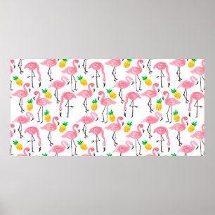 Poster Aquarelle rose flamant rose et ananas jaune