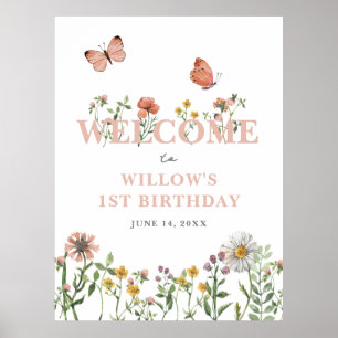 Poster Aquarelle rose Fleur sauvage 1er anniversaire Bien