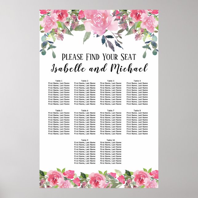 Poster Aquarelle rose Floral 10 tables (Devant)