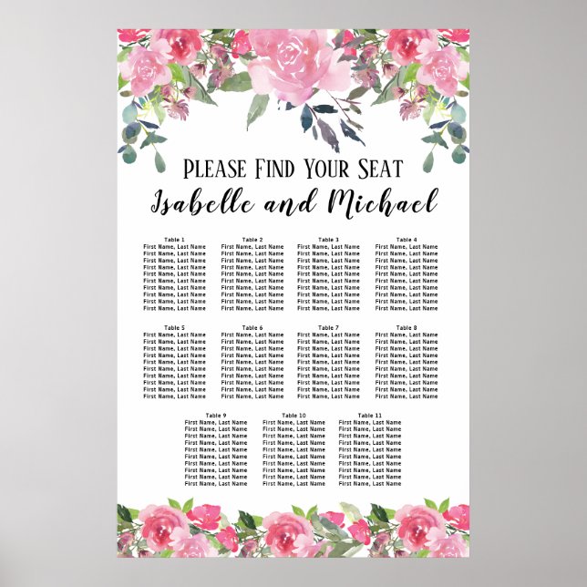 Poster Aquarelle rose Floral 11 tables (Devant)