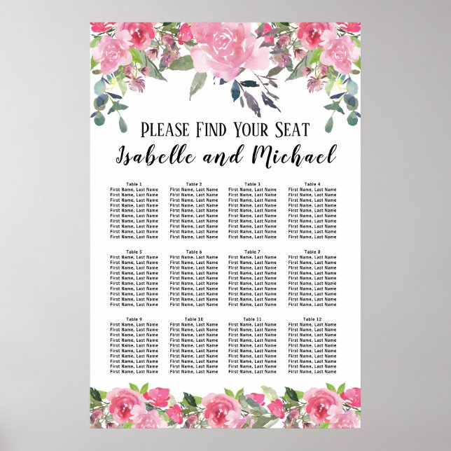 Poster Aquarelle rose Floral 12 tables (Devant)
