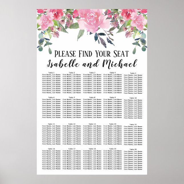 Poster Aquarelle rose Floral 20 tables (Devant)