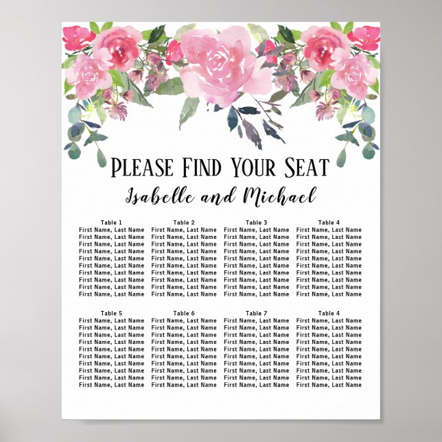 Poster Aquarelle rose Floral 8 tables (Devant)