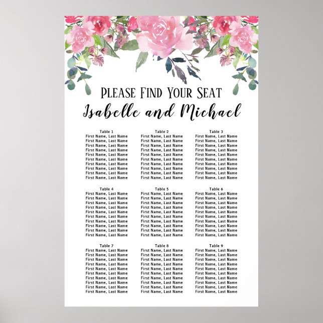 Poster Aquarelle rose Floral 9 tables (Devant)