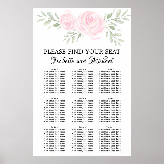 Poster Aquarelle rose Floral 9 tables (Devant)