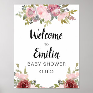 Poster aquarelle rose floral baby shower élégant