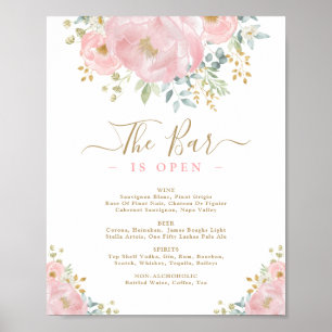 Poster Aquarelle Rose Floral Mariage Bar Menu Boissons