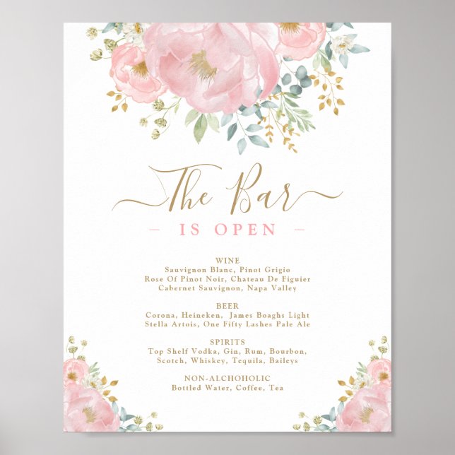 Poster Aquarelle Rose Floral Mariage Bar Menu Boissons (Devant)