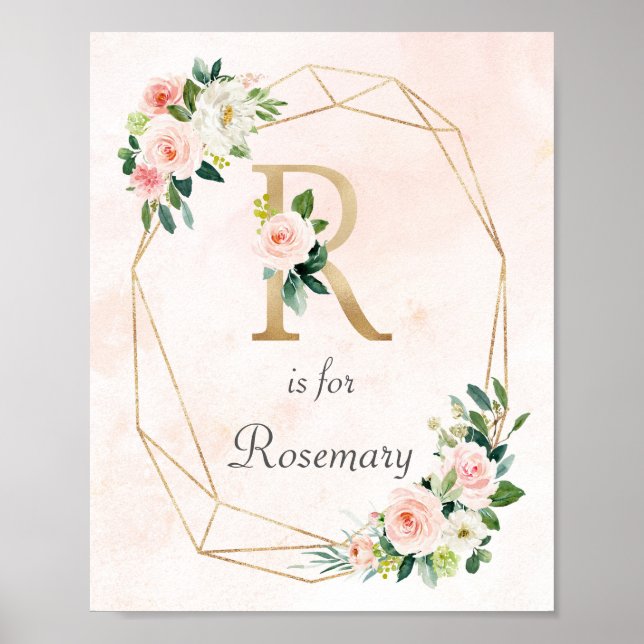 Poster Aquarelle rose Floral Monogramme Nom du bébé Nourr (Devant)