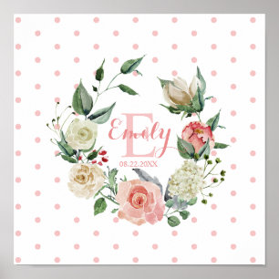 Poster Aquarelle rose Floral Pois fille Nursery