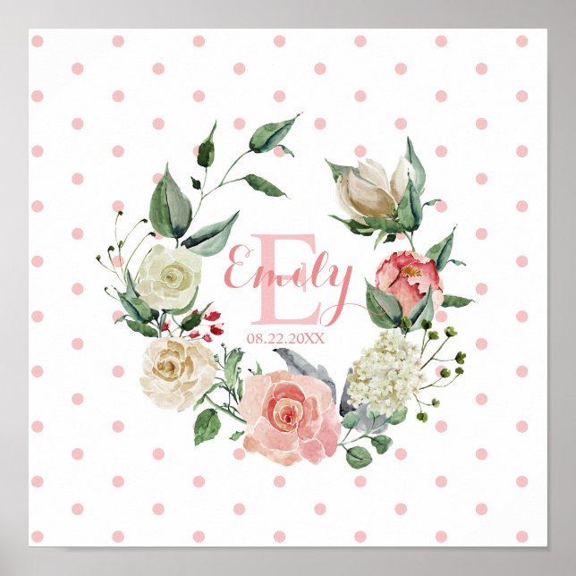 Poster Aquarelle rose Floral Pois fille Nursery (Devant)