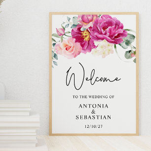 Poster Aquarelle rose Fuchsia floral Mariage d'accueil