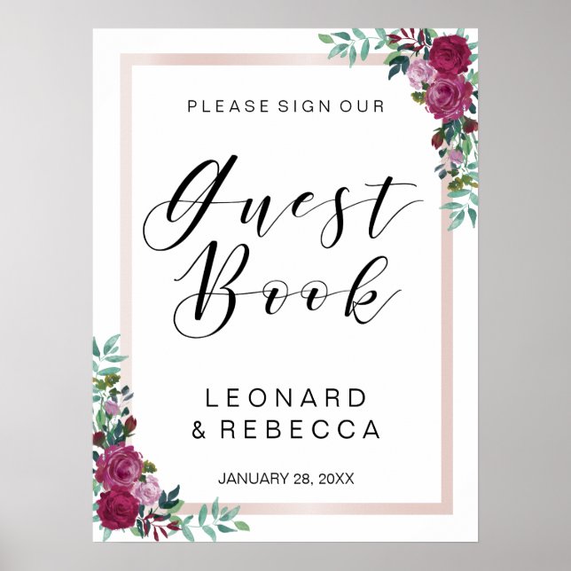 Poster Aquarelle rose Guest Book signe calligraphie (Devant)