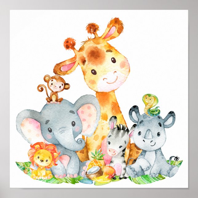 Poster Aquarelle rose mignonne Safari Jungle Animaux (Devant)
