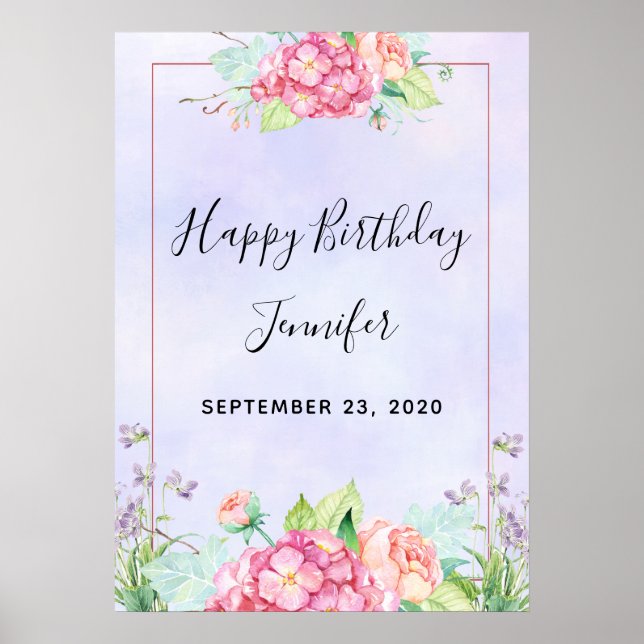 Poster Aquarelle rose moderne Cadre Floral Anniversaire (Devant)
