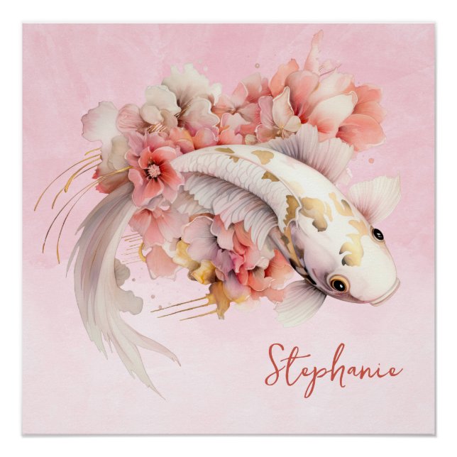 Poster Aquarelle rose or Koi poisson floral personnalisé (Devant)