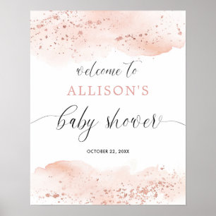 Poster Aquarelle rose or rose baby shower de bienvenue