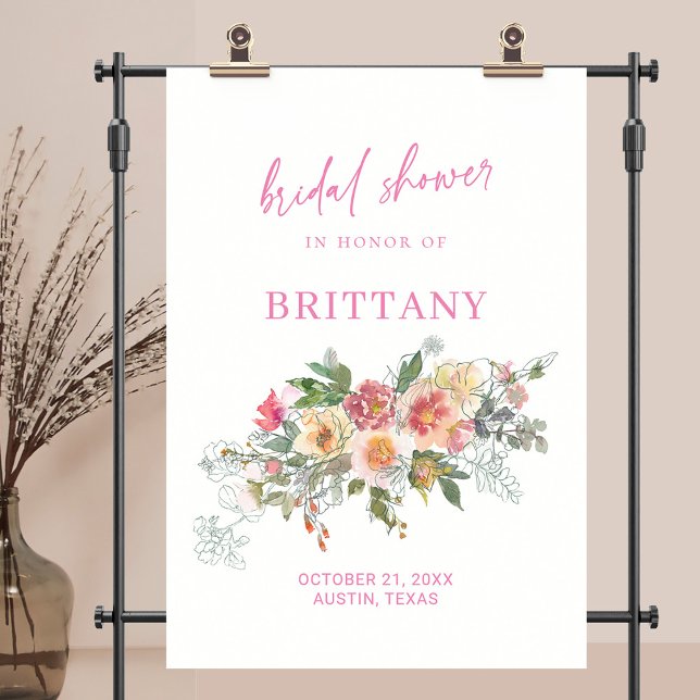 Poster Aquarelle rose pâle Fête des mariées florale Bienv (Blush Pink Watercolor Floral Bridal Shower Welcome Poster)