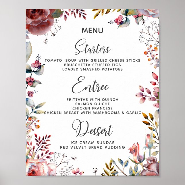 Poster Aquarelle rose pâle Rose florale Menus Mariages (Devant)