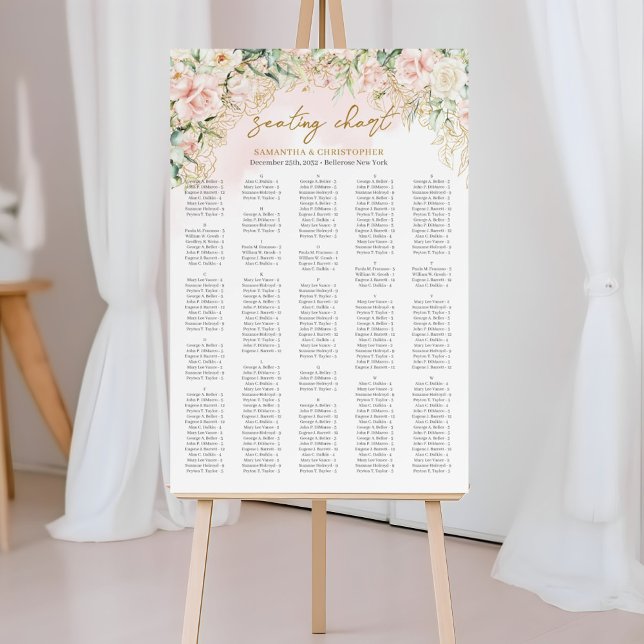 Poster Aquarelle rose pâle roses eucalyptus Alphabétique (Elegant Boho blush floral gold frame wedding seating chart)