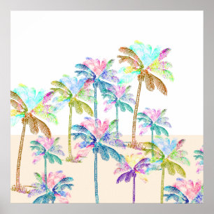 Poster Aquarelle rose Palmiers hawaïens tropicaux