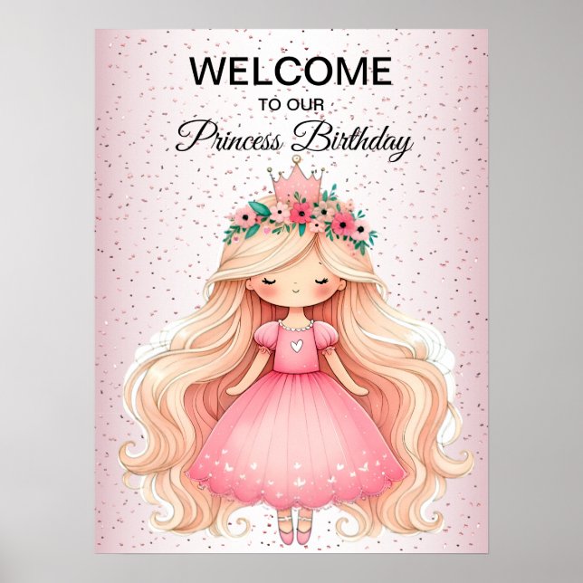 Poster Aquarelle rose princesse Anniversaire (Devant)