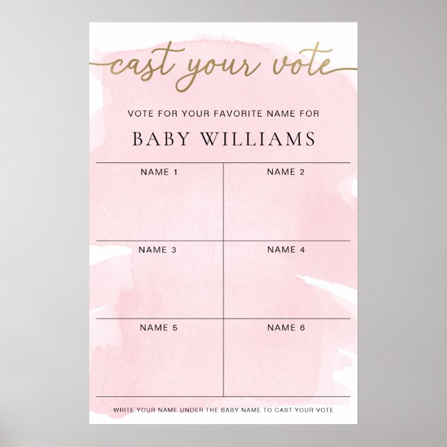 Poster Aquarelle rose Publiez Votre Vote Nom Du Bébé Vote (Devant)