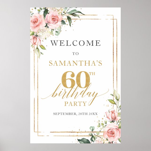 Poster Aquarelle rose rose floral 60e anniversaire bienve (Devant)