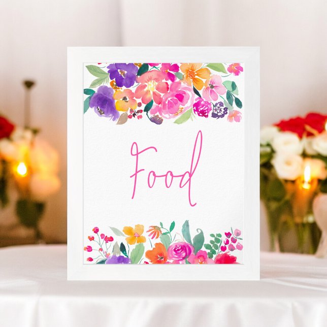 Poster Aquarelle rose rose gras douche nuptiale (Bold pink floral watercolor bridal shower food poster)