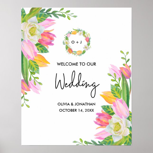 Poster Aquarelle rose Tulip Monogramme Mariage Bienvenue (Devant)