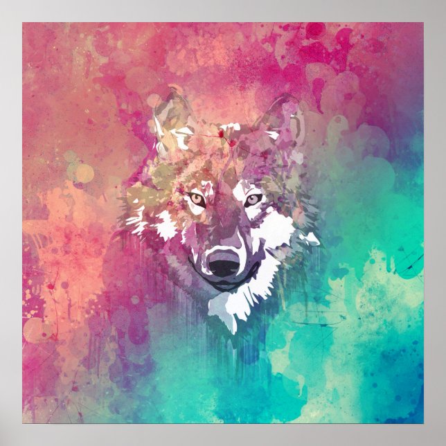 Poster Aquarelle rose Turquoise Artistique Loup Abstrait (Devant)