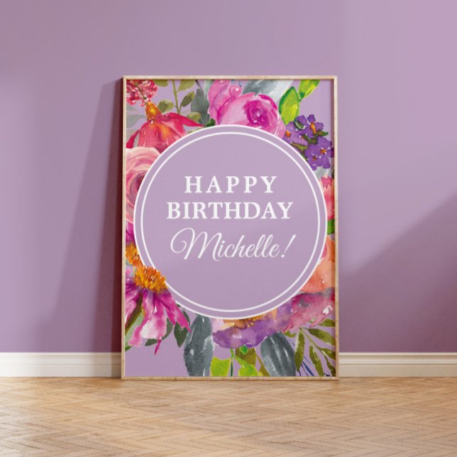 Poster Aquarelle rose violet Fleurs sauvages Joyeux anniv (Créateur téléchargé)