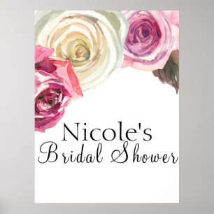 Poster Aquarelle Roses Fleurs Roses & Blanches Bienvenue