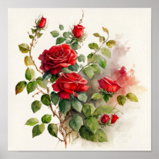 Poster Aquarelle Roses rouges