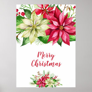 Poster Aquarelle Rouge Blanc Poinsettia Florale Noël