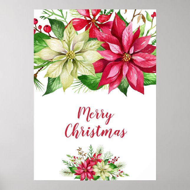 Poster Aquarelle Rouge Blanc Poinsettia Florale Noël (Devant)