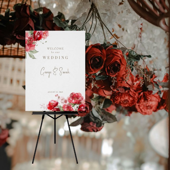 Poster Aquarelle Rouge Floral Mariage Bienvenue Signal nu (Créateur téléchargé)