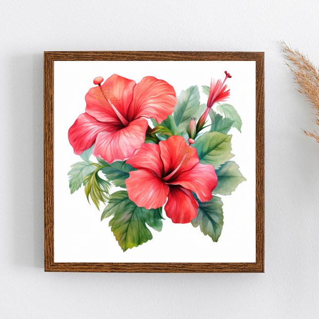 Poster Aquarelle Rouge Hibiscus lumineux Flore verte (Red Hibiscus Tropical Floral Wall Art Print poster)