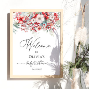 Poster Aquarelle Rouge hiver Baby shower Floral Bienvenue