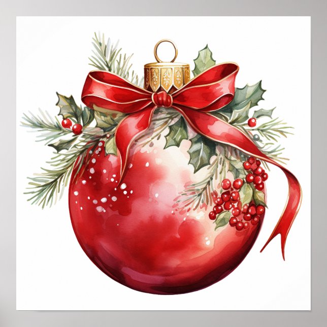 Poster Aquarelle rouge ornement de Noël (Devant)