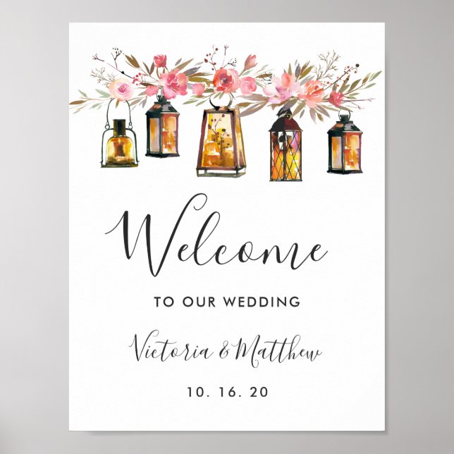 Poster Aquarelle rustique Floral Lanterne Mariage Bienven (Devant)