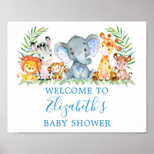 Poster Aquarelle Safari Animaux Baby shower Bleu