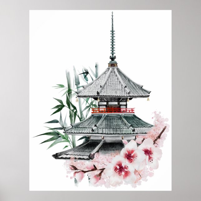 Poster Aquarelle Sakura Blossom Bambou Temple japonais (Devant)