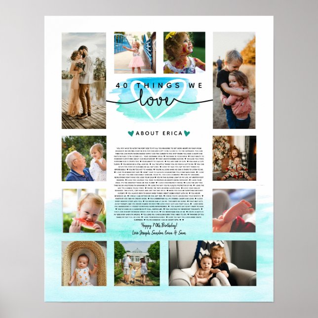 Poster aquarelle sarcelle et bleue 40 raisons pour lesque (Devant)