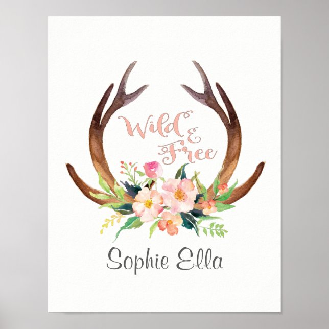 Poster Aquarelle sauvage et libre Cerf Antler et Flower (Devant)