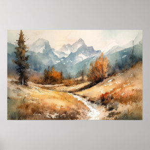 Poster Aquarelle sentier tortueux montagne contreforts hi