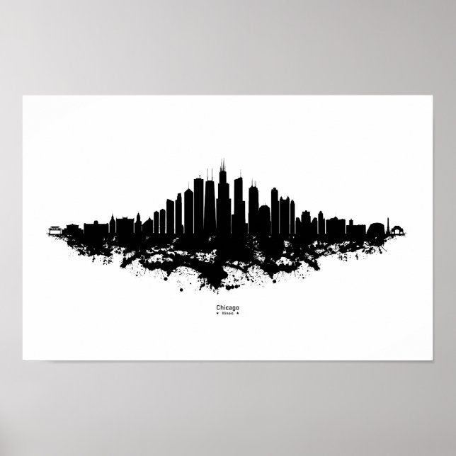 Poster Aquarelle Skyline de Chicago noir et blanc (Devant)