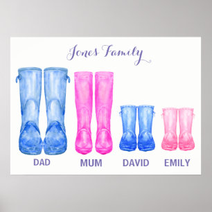 Poster Aquarelle soulies Ma famille bottes en caoutchouc