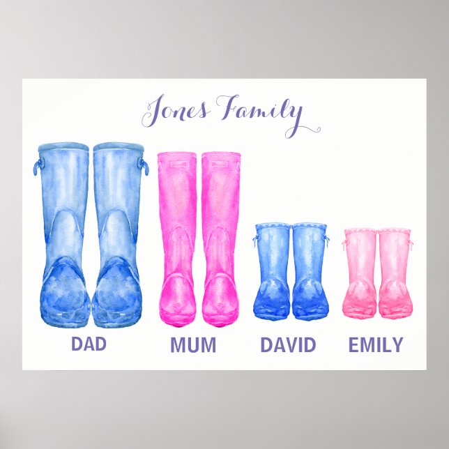 Poster Aquarelle soulies Ma famille bottes en caoutchouc (Devant)